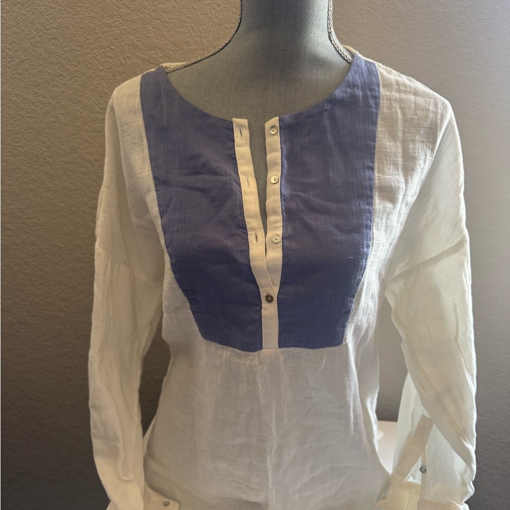 Zara White and Cream Long Sleeve Bib Collar Blouse